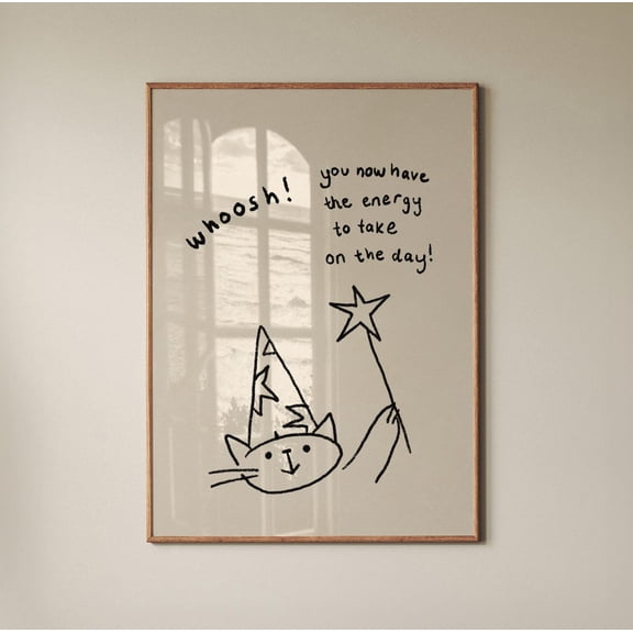 Hand Drawn Cat Wizard Wall Art, Cute Magical Line Art, Unframed Paper Print Size 8x12
