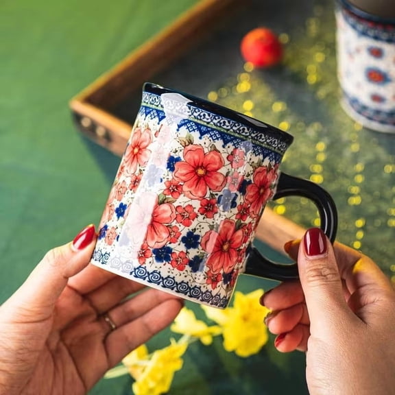 Hand Drawn Ceramic Latte Art Cup 15.5 oz Snow Plum Color Microwave & Dishwasher Safe Modern Retro Design for Coffee Tea Milk Cocoa