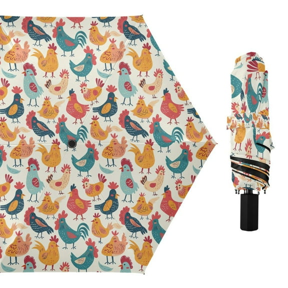Hand Drawn Chicken Compact Sun Umbrella Windproof Travel Umbrellas for Rain Strong Portable UV Protection