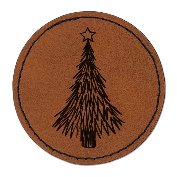 Hand Drawn Christmas Evergreen Tree with Star 2.5" Faux Leather Round Engraved Iron-On Patch - Brown