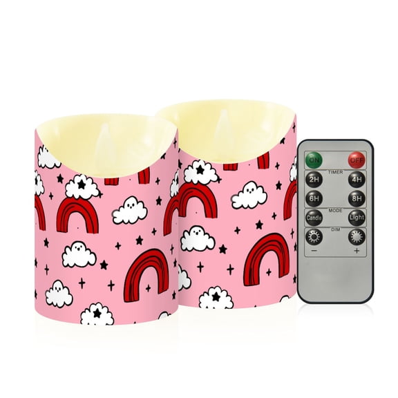 Hand Drawn Cloud Rainbow Pattern Flameless Candles 2 PCS with Remote Realistic Moving Flame LED Tapered Pillar Set for Home Decor