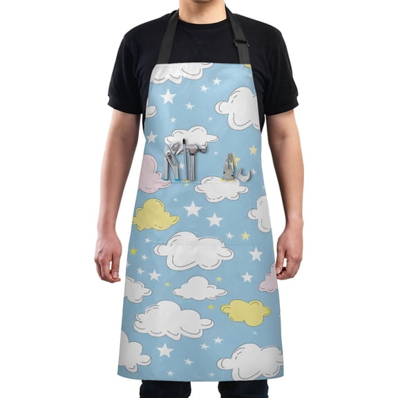 Hand Drawn Cloud Star Kitchen Apron with 2 Pockets Adjustable waterproof Cooking Aprons for Women Men Chef
