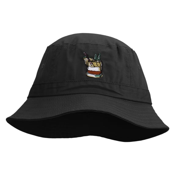 Hand Drawn Cocktail Embroidered Pigment Dyed Bucket Hat - Black OSFM