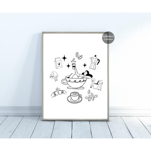 Hand Drawn Coffee Barista Cafe Wall Art Print, Unframed Paper Poster 8x10in