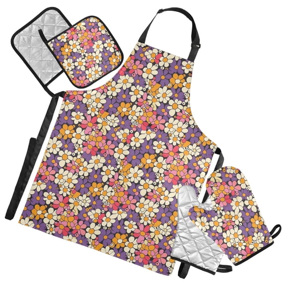 Hand Drawn Colorful Daisies 5 Pcs Kitchen Set Heat Resistant Oven Mitts and Non-Slip Pot Holders with Adjustable Cooking Apron