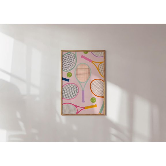 Hand Drawn Colorful Tennis Rackets Blush Maximalist Nursery Art, Stretched Canvas 16x20in