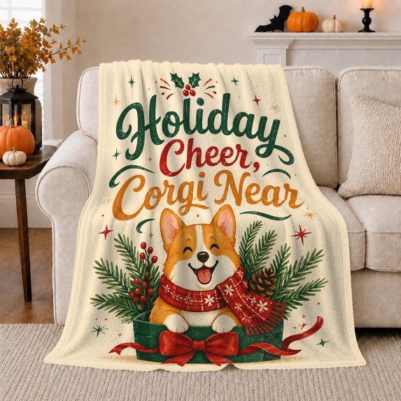 Hand-Drawn Corgi Holiday Box Bow Festive Dog Design, Playful Pet Portrait Pattern, Warm Flannel Blanket for Living Room and Reading Nook, Dog Lovers Friendship Gift, Pet Lover Home Decor