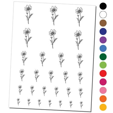 Hand Drawn Cosmos Flower Water Resistant Temporary Tattoo Set Fake Body Art Collection - Black