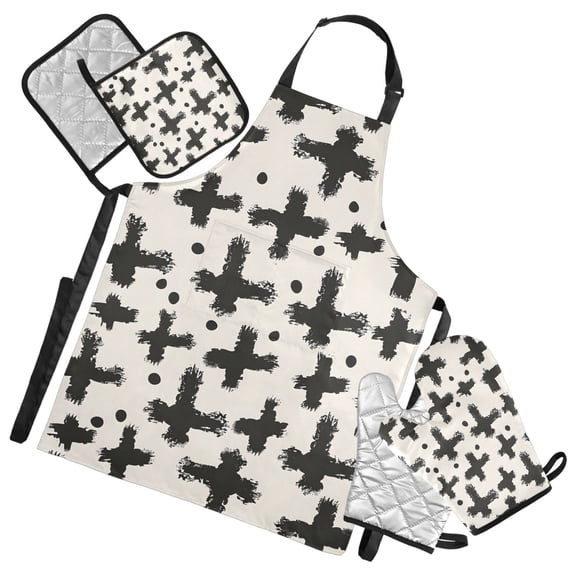 Hand Drawn Cross Strokes 5 Pcs Kitchen Set Heat Resistant Oven Mitts and Non-Slip Pot Holders with Adjustable Cooking Apron