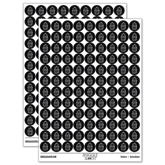 Hand Drawn Cupcake Doodle 200+ Round Stickers - Black - Gloss Finish - 0.50" Size