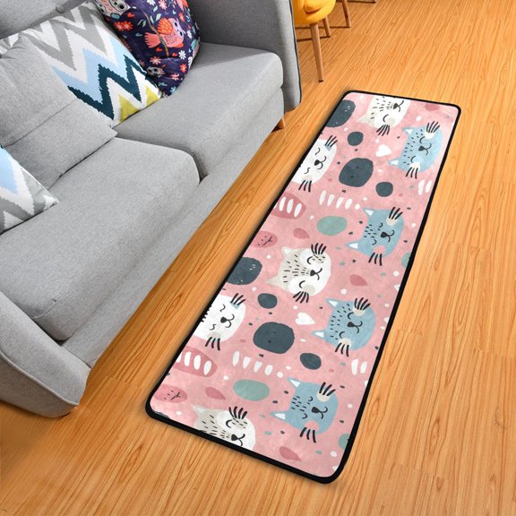 Hand Drawn Cute Cat Hallway Runner Rug 2'X6' Non-Slip Washable Carpet Runner Kitchen Entryway Laundry Bedroom