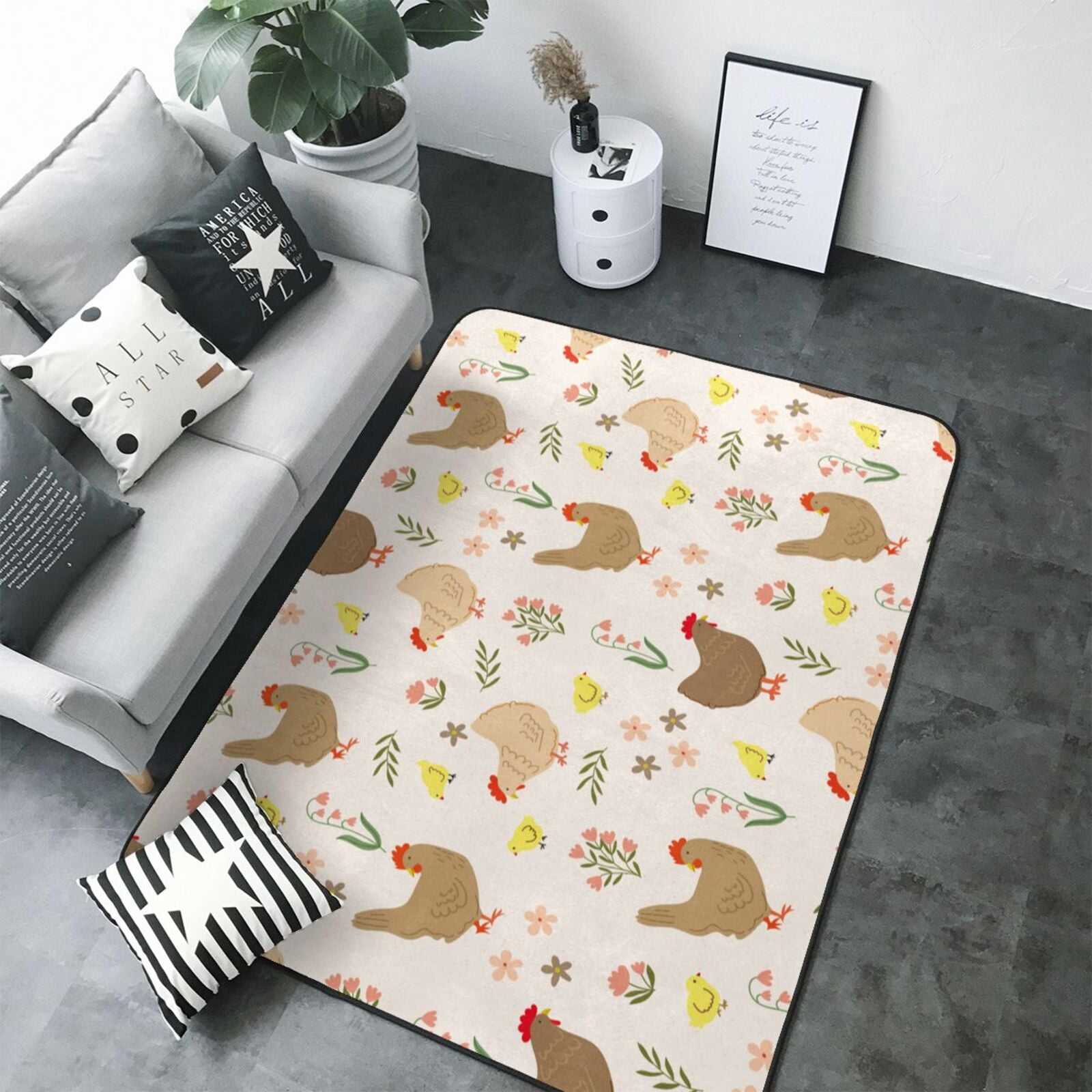 Chicken Area Rug Hand Drawn Cute Chicken Flower Area Rugs for Living Room Bedroom, 5x7 ...