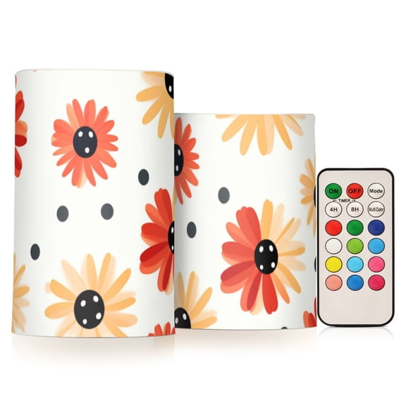 Hand Drawn Cute Flowers Flickering Flameless LED Candles set of 2 Battery Operated 18-Key Remotes Timer Halloween Fall Decor D3''xH4''5''