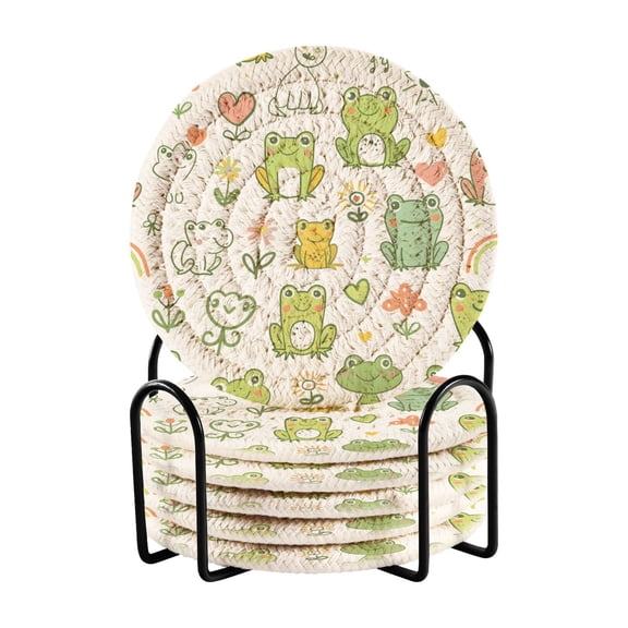 Hand Drawn Cute Frog Bar Coasters 6 Pack Braided Coasters with Holder Absorbent Heat Resistant