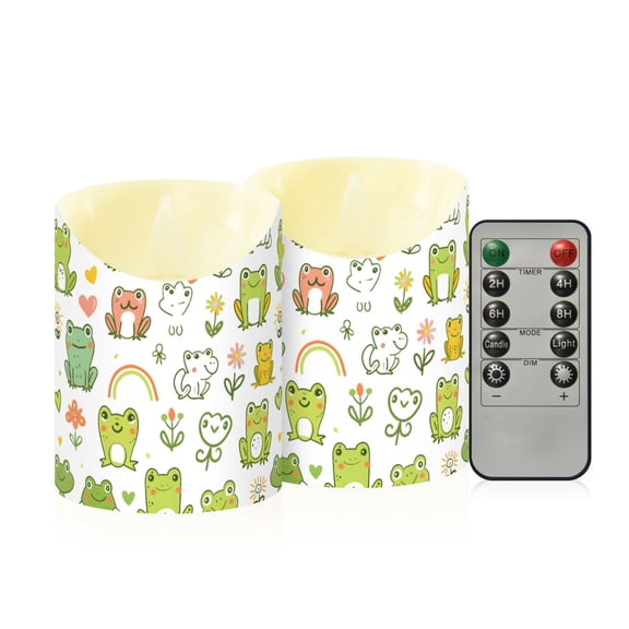 Hand Drawn Cute Frog Flameless Candles 2 PCS with Remote Realistic Moving Flame LED Tapered Pillar Set for Home Decor