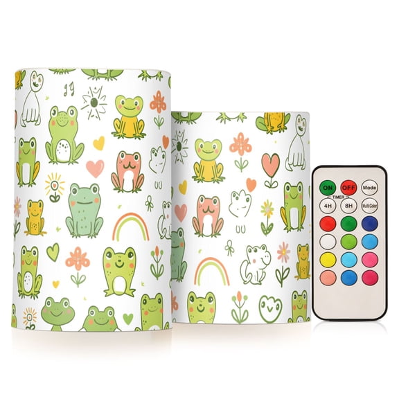 Hand Drawn Cute Frog Flameless LED Candle Set with Remote, Battery Operated Color Changing Pillar Candles, Set of 2