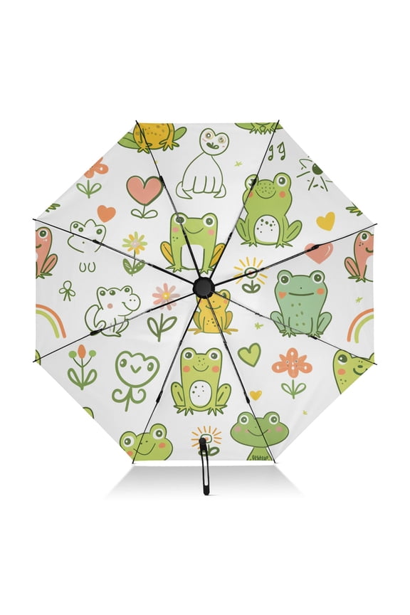 Hand Drawn Cute Frog Umbrella Folding Sun Umbrella Travel Auto Open Close Large UV50+ 40in