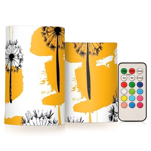 Hand Drawn Dandelions Flower Flickering Flameless LED Candles set of 2 Battery Operated 18-Key Remotes Timer Halloween Fall Decor D3''xH4''5''