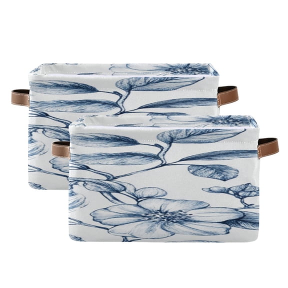 Hand Drawn Delicate Flowers Leaves Square Storage Bins with Handles Collapsible Containing Box 2 Packs