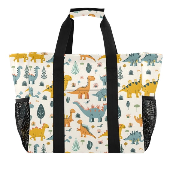 Hand Drawn Dinosaurs Leaf Reusable Grocery Bags with Handle Side Pocket Waterproof Shopping Portable Tote