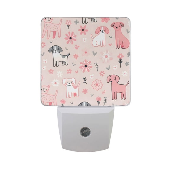 Hand Drawn Dogs and Flowers Night Light 2 Pack LED Nightlight Plug into Wall Dusk to Dawn Sensor Soft White