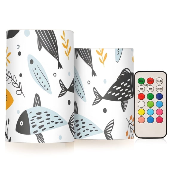 Hand Drawn Doodle Fish Flickering Flameless LED Candles set of 2 Battery Operated 18-Key Remotes Timer Halloween Fall Decor D3''xH4''5''