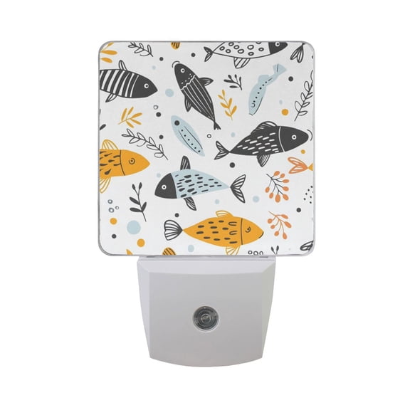 Hand Drawn Doodle Fish Night Light 2 Pack LED Nightlight Plug into Wall Dusk to Dawn Sensor Soft White