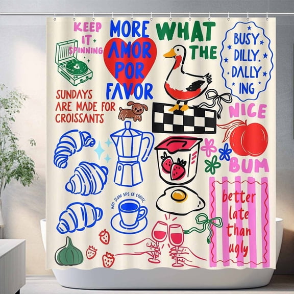 Hand Drawn Doodle Shower Curtain Modern Brunch Breakfast Theme Bathroom Decor, Coffee Pastry Strawberry Peach Goose Egg Abstract Art Waterproof Polyester Shower Curtain with Hooks, 72x72Inch