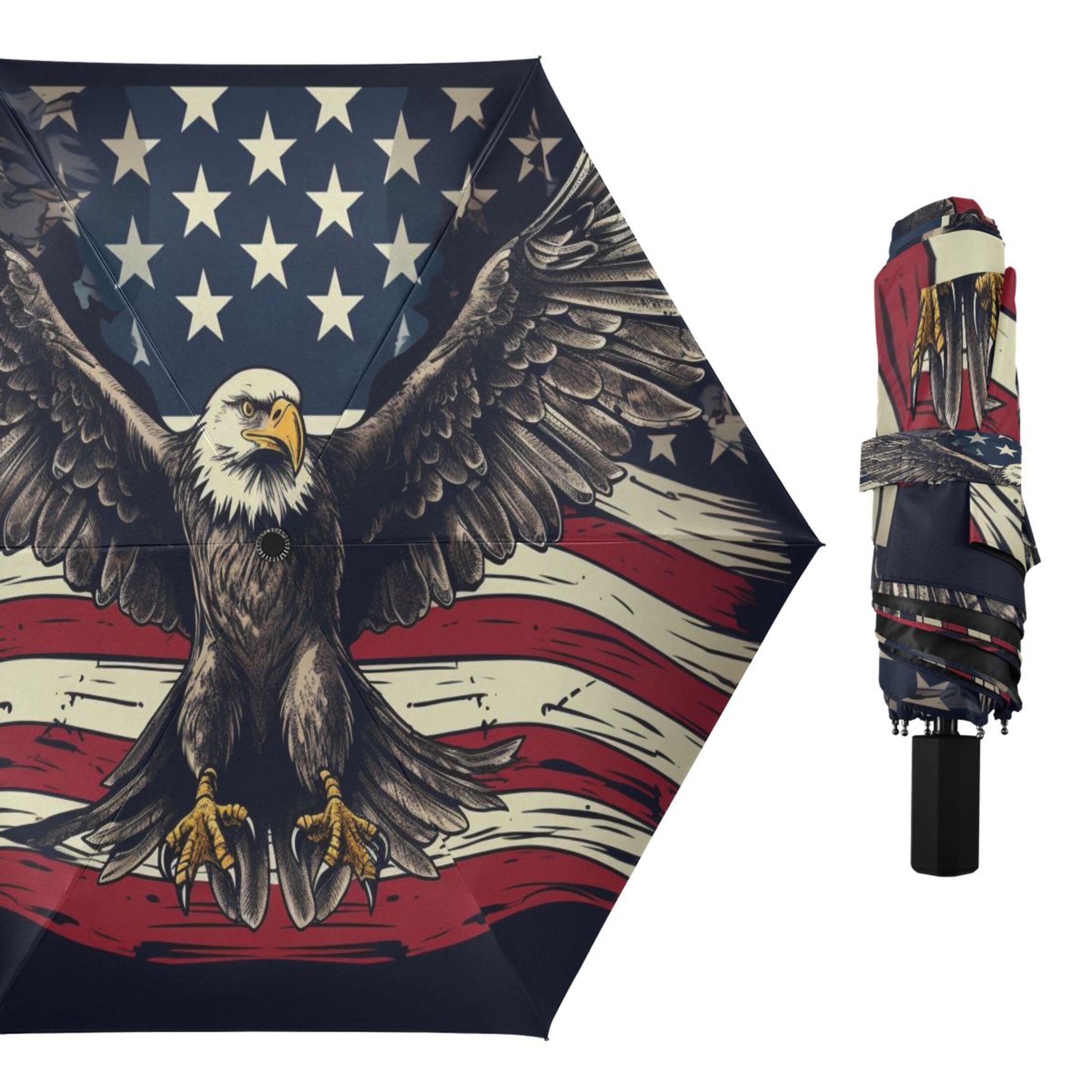 Hand Drawn Eagle and American Flag Compact Sun Umbrella Windproof Travel Umbrellas for Rain Strong Portable UV Protection