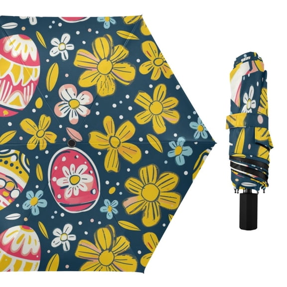Hand Drawn Easter Egg Flowers Compact Sun Umbrella Windproof Travel Umbrellas for Rain Strong Portable UV Protection