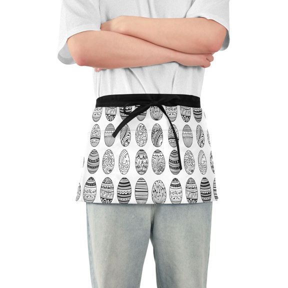 Hand Drawn Easter Eggs Server Apron with 3 Pockets Waterproof Waitress Waist Short Apron for Man Woman 12 Inches