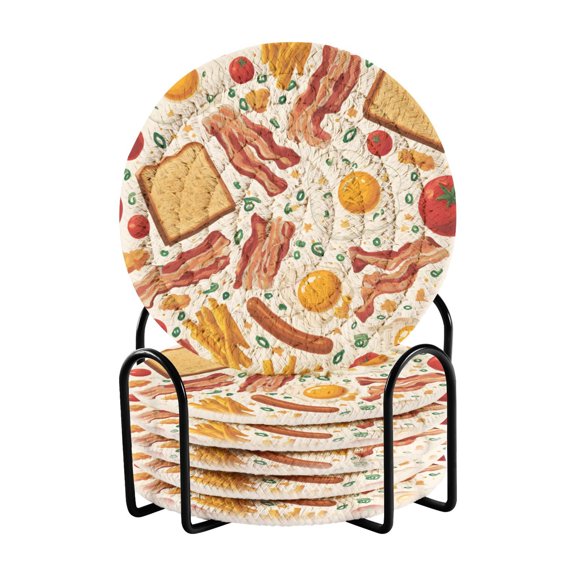Hand Drawn Egg Toast Pattern Bar Coasters 6 Pack Braided Coasters with Holder Absorbent Heat Resistant