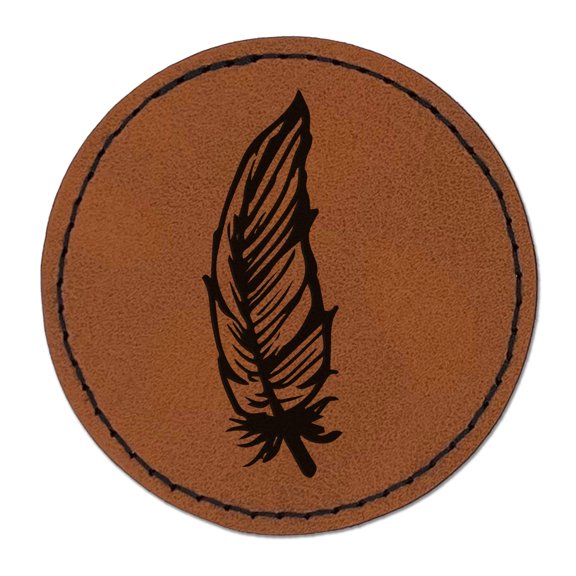 Hand Drawn Feather Doodle 2.5" Faux Leather Round Engraved Iron-On Patch - Brown