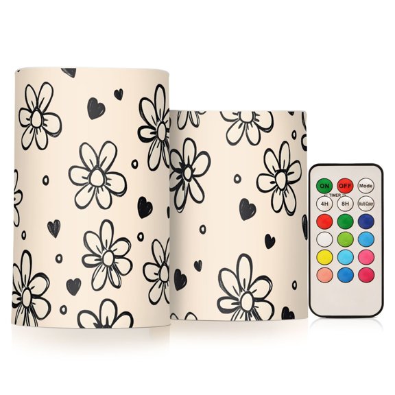 Hand Drawn Floral Flickering Flameless Candles Battery Operated with Remote Timer LED Pillar Candles Set of 2