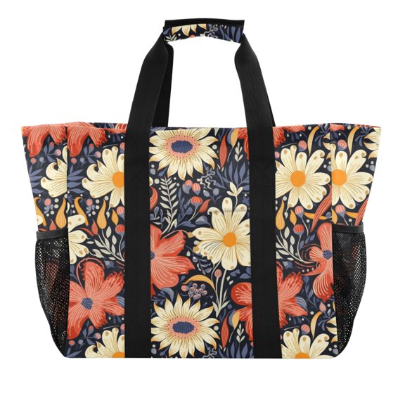 Hand Drawn Flower Plant Reusable Grocery Bags with Handle Side Pocket Waterproof Shopping Portable Tote