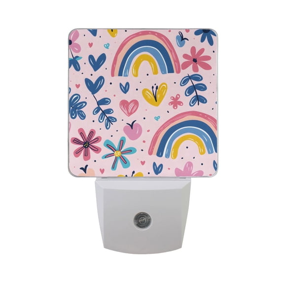 Hand Drawn Flower Rainbow Heart Night Light 2 Pack LED Nightlight Plug into Wall Dusk to Dawn Sensor Soft White
