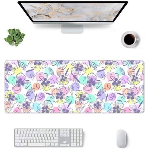 Hand Drawn Flowers Multicolour -Mouse Pad, Big Desk Mat, Extended Gaming Mouse Pad, Mouse Mat with Non-Slip Rubber Base & Stitched, 31.5 X 11.8 in Large Desk Pad for Keyboard, Mouse, Home and Office