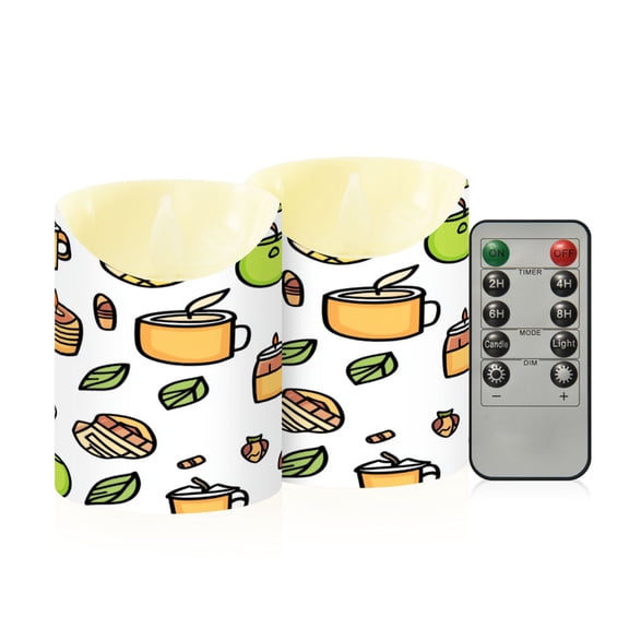 Hand Drawn Food Elements Flameless Candles 2 PCS with Remote Realistic Moving Flame LED Tapered Pillar Set for Home Decor