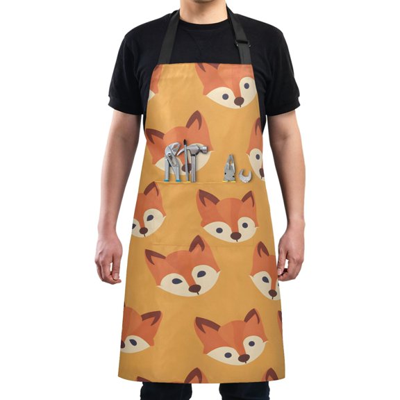 Hand Drawn Fox Face Kitchen Apron with 2 Pockets Adjustable waterproof Cooking Aprons for Women Men Chef