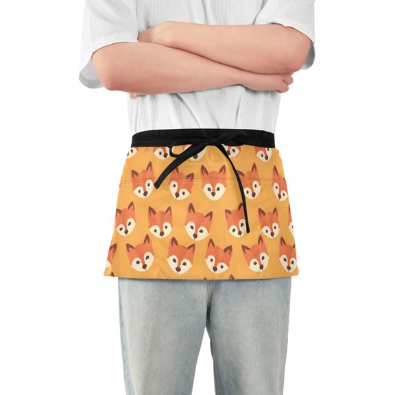 Hand Drawn Fox Face Server Apron with 3 Pockets Waterproof Waitress Waist Short Apron for Man Woman 12 Inches