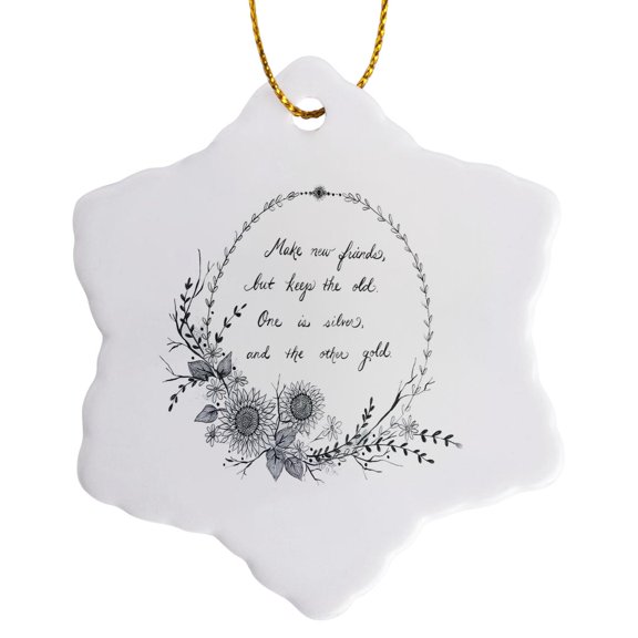 3drose, Hand Drawn Friendship Quote with Floral Décor, 3 inch Snowflake Porcelain Ornament