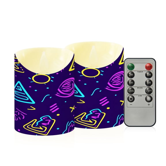 Hand Drawn Geometric Pattern Flameless Candles 2 PCS with Remote Realistic Moving Flame LED Tapered Pillar Set for Home Decor