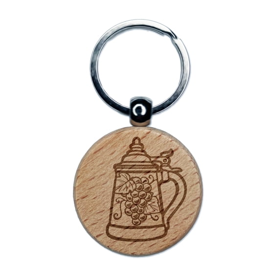 Hand Drawn German Beer Stein Round Keychain Charm Tag - Engraved Wood