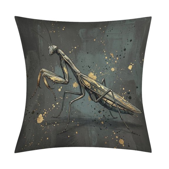 Hand-Drawn Gold Praying Mantis in GreyFaux Linen Style 2-Piece Pillow Set, Soft Polyester Throw Pillowcases for All Rooms
