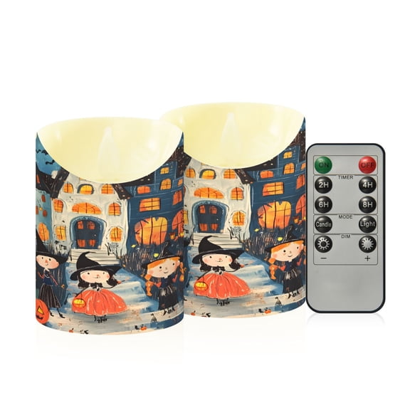 Hand Drawn Halloween Pattern Flameless Candles 2 PCS with Remote Realistic Moving Flame LED Tapered Pillar Set for Home Decor