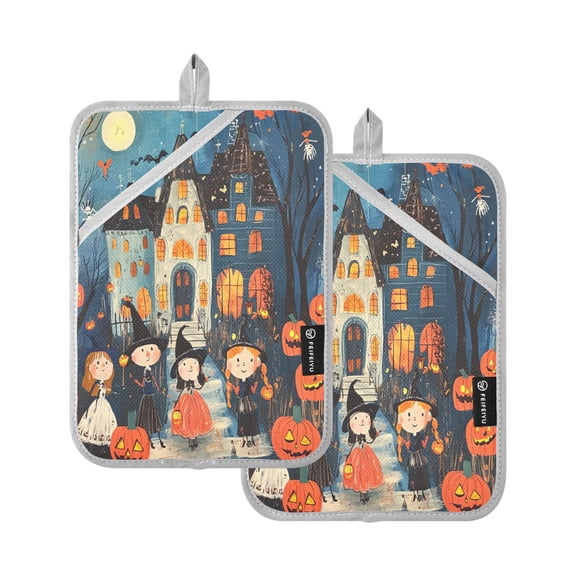 Hand Drawn Halloween Pattern Set of 2 Heat-Resistant Quilted Pads, Silver Polyester, 7" x 9.8"