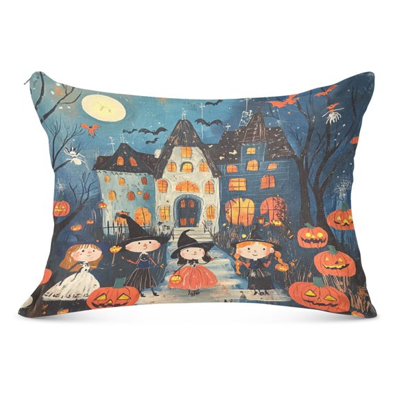 Hand Drawn Halloween Pattern Soft Plush Pillow Cover, Zippered Design, Comfortable for Bedroom and Sofa