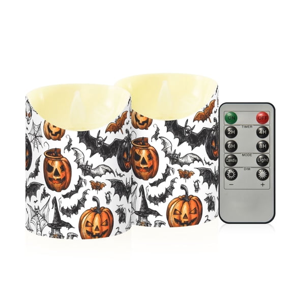 Hand Drawn Halloween Style Patterns Flameless Candles 2 PCS with Remote Realistic Moving Flame LED Tapered Pillar Set for Home Decor