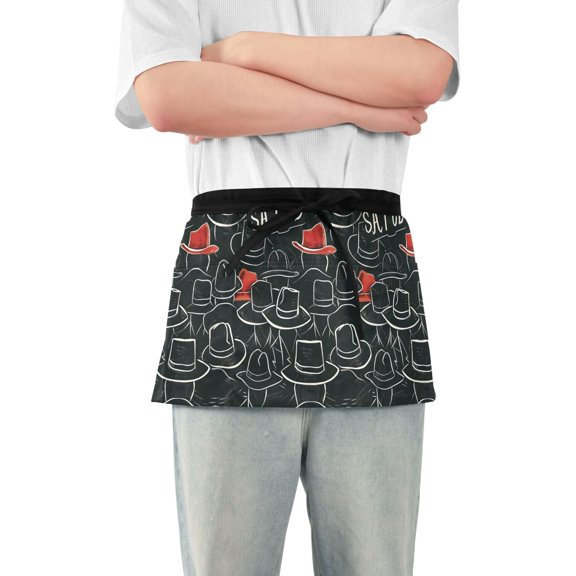 Hand Drawn Hats Server Apron with 3 Pockets Waterproof Waitress Waist Short Apron for Man Woman 12 Inches