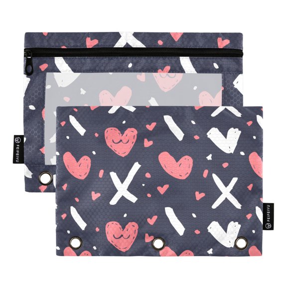 Hand Drawn Heart 2 Pack Pencil Pouch for 3 Ring Binder Smooth Zipper Folders with Pockets Clear Window Pencil Case